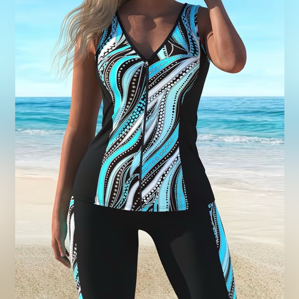 NWOT Plus Sz XXL Tankini SET Zip Tank Top & Shorts Swim Duo Graphic Print Sporty